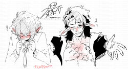 absurdres arrow_(symbol) blush character_request closed_eyes ear_blush etrian_odyssey hair_between_eyes hands_up highres jacket long_sleeves nikki_kyousuke nose_blush one_eye_closed open_clothes open_jacket pointy_ears scar scar_on_face scar_on_nose shirt signature simple_background smile spot_color translation_request watermark white_background
