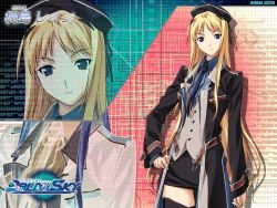 1girl baldr_sky blonde_hair blue_eyes hand_on_own_hip hat highres hip_focus kikuchi_seiji kirishima_rain long_hair miniskirt necktie pencil_skirt skirt thighhighs very_long_hair zettai_ryouiki