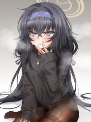 1girl bags_under_eyes black_hair black_pantyhose black_sweater blue_archive blue_hairband blush commentary crossed_bangs gold_necklace grimace hair_between_eyes hair_intakes hairband halo highres jewelry long_hair long_sleeves looking_at_viewer narrowed_eyes necklace no_pants no_shoes nompang panties panties_under_pantyhose pantyhose sidelocks sitting sleeves_past_wrists steaming_body sweat sweater thighband_pantyhose turtleneck turtleneck_sweater ui_(blue_archive) underwear very_long_hair wariza