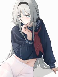 1girl alternate_costume an-94_(girls&#039;_frontline) aqua_eyes black_hairband black_sailor_collar black_shirt blush closed_mouth commentary girls&#039;_frontline glasses grey_hair hairband highres holding holding_removed_eyewear long_hair navel neckerchief panties red_neckerchief sailor_collar school_uniform serafuku sharp-pig shirt simple_background sitting solo underwear unworn_eyewear white_background white_panties