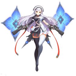 1girl asymmetrical_clothes ballistic_shield black_lilith black_lilith_(last_origin) black_thighhighs blush dual_wielding earpiece energy_barrier energy_shield female_focus full_body game_cg gun highres holding kakiman last_origin long_hair looking_at_viewer official_art parted_bangs pleated_skirt shield silver_hair skirt solo tachi-e thighhighs thighs transparent_background weapon white_thighhighs yellow_eyes zettai_ryouiki