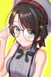 1girl aqua_eyes beret black-framed_eyewear brown_hair glasses grey_hat grey_shirt gurugurere hat highres hololive looking_at_viewer official_alternate_costume oozora_subaru oozora_subaru_(work) shirt short_hair smile solo two_side_up virtual_youtuber yellow_background