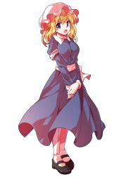 1girl alphes_(style) black_shoes blonde_hair bow breasts buttons collared_dress commentary_request dairi dress full_body hair_between_eyes hat large_variant_set legs_together long_hair long_sleeves maribel_hearn mary_janes medium_breasts mob_cap own_hands_together parody puffy_long_sleeves puffy_sleeves purple_dress sash shoes socks solo standing style_parody tachi-e tareme touhou transparent_background v_arms variant_set white_bow white_hat white_socks