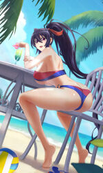 1girl ass bikini black_hair breasts butt_crack chair high_school_dxd high_school_dxd_operation_paradise_infinity himejima_akeno large_breasts long_hair official_art ponytail purple_eyes sitting solo swimsuit underboob