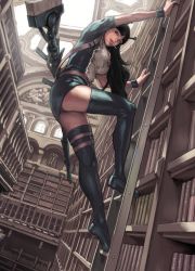 1girl ass black_hair black_thighhighs broom cigarette female_focus from_below junny ladder legs library long_hair miniskirt skirt smoking solo thighhighs