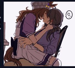 Rule 34 | 2girls, anger vein, assertive female, back bow, beanie, black hair, blush, bow, brown hair, brown tail, closed eyes, clothes grab, collar grab, commentary, ears through headwear, female trainer (umamusume), french kiss, grey hat, hands on another&#039;s hips, hat, highres, kiss, long hair, multiple girls, nakayama festa (umamusume), neckwear grab, pleated skirt, purple shirt, roroko momo, sailor collar, sailor shirt, school uniform, shirt, short sleeves, sitting, sitting on lap, sitting on person, skirt, spoken anger vein, straddling, summer uniform, tracen school uniform, trainer (umamusume), umamusume, white background, white skirt, yuri