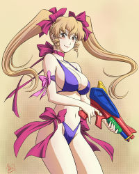 00s 1girl armband bikini blonde_hair blush bow breasts brown_eyes brown_hair cleavage drill_hair female_focus gun gunparade_orchestra hair_ribbon kozeki_satomi large_breasts looking_at_viewer mcq navel original purple_bikini ribbon solo swimsuit twintails water_gun weapon