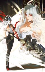 1girl absurdres arm_strap artist_name back bare_shoulders black_choker black_gloves black_horns black_pants black_shoes breasts choker cleavage closed_mouth collarbone commentary curled_horns gloves greatsword hair_between_eyes high_heels highres holding holding_sword holding_weapon horns large_breasts long_hair looking_at_viewer median_furrow mole mole_on_breast multiple_views necktie necktie_around_wrists pants red_eyes red_necktie rythron4 scar shirt shoes solo sword tacet_mark_(wuthering_waves) torn_clothes torn_shirt weapon white_hair white_shirt wuthering_waves zani_(wuthering_waves)