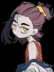 1boy age_toufu bags_under_eyes black_background black_hair closed_mouth commentary_request highres jacket kieran_(pokemon) looking_at_viewer male_focus mole mole_on_neck multicolored_hair nintendo off_shoulder open_clothes open_jacket outline pokemon pokemon_sv ponytail purple_hair red_tank_top simple_background solo tank_top upper_body white_jacket white_outline yellow_eyes