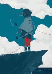 Rule 34 | 1girl, arms at sides, black dress, blue sky, boots, cliff, cloud, cloudy sky, commentary request, day, dress, facing away, fagun yibei, from behind, full body, grey boots, grey jacket, highres, hood, hood up, hooded jacket, horizon, jacket, kaf (kamitsubaki studio), kamitsubaki studio, long sleeves, ocean, outdoors, pantyhose, red pantyhose, sky, solo, standing, thread, unraveling