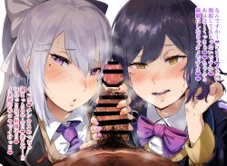1boy 2girls bar_censor black_hair blazer blush bow bowtie censored cooperative_handjob foreskin foreskin_insertion hair_bow hair_ornament hairclip handjob hero_neisan highres higuchi_kaede higuchi_kaede_(1st_costume) jacket japanese_text long_hair looking_at_viewer lower_teeth_only male_pubic_hair mole mole_under_eye multiple_girls nail_polish necktie nijisanji open_mouth orange_nails penis pink_nails ponytail pov pubic_hair purple_eyes purple_neckwear round_teeth shizuka_rin shizuka_rin_(1st_costume) silver_hair smegma smelling smelling_penis smelly_penis sweat teamwork_(sexual) teeth translation_request tucking_hair upper_teeth_only virtual_youtuber white_bow yellow_eyes