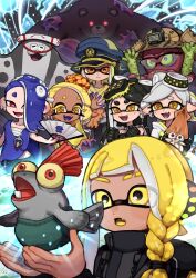 1boy 6+girls absurdres agent_3_(splatoon) agent_3_(splatoon_3) animal behind-the-head_headphones big_man_(splatoon) black_gloves black_hair black_jacket blonde_hair blue_hair blue_hat blue_shawl bluerosamarinus bow-shaped_hair braid callie_(splatoon) cap&#039;n_cuttlefish chest_sarashi coat colored_extremities colored_eyelashes colored_tongue commentary_request creature cross-shaped_pupils dark-skinned_female dark_skin dj_octavio earrings eyebrow_cut fang frye_(splatoon) gloves green_hair grey_hair hair_over_one_eye hand_fan hat headphones highres holding holding_animal holding_creature holding_fan inkling jacket jewelry long_eyelashes long_hair long_sleeves marie_(splatoon) medium_hair mole mole_under_eye mr._grizz_(splatoon) multicolored_hair multiple_earrings multiple_girls nintendo octoling one_eye_covered open_mouth orange_eyes peaked_cap pointy_ears red_eyes salmonid sarashi shawl shiver_(splatoon) single_braid skin_fang smallfry_(splatoon) splatoon_(series) splatoon_3 swept_bangs symbol-shaped_pupils tentacle_hair tooth_earrings white_coat yellow_eyes yellow_shawl yellow_tongue