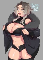 1girl agawa_ryou bra breasts cleavage curvy dated gradient_hair grey_eyes grey_hair jacket large_breasts looking_at_viewer midriff multicolored_hair navel short_shorts shorts smile solo thick_thighs thighhighs thighs unbuttoned unbuttoned_pants underwear