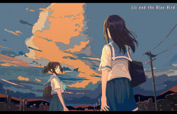 Rule 34 | 2girls, 555emauma, aqua neckerchief, bag, black bag, black hair, blue eyes, blue sailor collar, blue skirt, brown hair, cloud, commentary, cumulonimbus cloud, film grain, hibike! euphonium, highres, kasaki nozomi, kitauji high school uniform, ligne claire, liz to aoi tori, long hair, medium hair, multiple girls, neckerchief, open mouth, outdoors, pleated skirt, ponytail, power lines, sailor collar, school bag, school uniform, serafuku, shirt, shoulder bag, sidelocks, skirt, white shirt, yoroizuka mizore