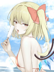 1girl absurdres alternate_costume arm_at_side back bare_shoulders bikini blonde_hair blue_sky blush bow breasts commentary_request crystal_wings day eyelashes eyes_visible_through_hair fingernails flandre_scarlet food from_side hair_between_eyes hair_bow hand_up highres holding holding_food holding_popsicle lens_flare looking_at_viewer medium_hair melting_popsicle no_headwear one_side_up open_mouth outdoors pinky_out popsicle red_bikini red_bow red_eyes saliva saliva_trail sexually_suggestive sky slit_pupils small_breasts solo sunlight sweat swimsuit szl tongue tongue_out touhou tsurime upper_body variant_set wings