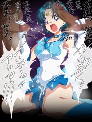 1girl 3boys absurdres bishoujo_senshi_sailor_moon blue_eyes blue_hair blue_skirt bow bukkake chest_bow cum cum_on_body cum_on_clothes cum_on_hair dark-skinned_male dark_skin double_handjob ejaculation elbow_gloves erection gang_rape gangbang gloved_handjob gloves group_sex hamdjob handjob hazama_null highres japanese_text leotard miniskirt mizuno_ami multiple_boys navel open_mouth penis pleated_skirt rape sailor_mercury skirt sound_effects super_sailor_mercury thighs tiara translated white_leotard
