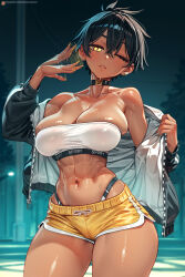 1girl abs black_choker black_hair black_jacket blush breasts cameltoe choker cleavage dark-skinned_female dark_skin ear_piercing fanning_self gym_shorts hair_between_eyes jacket kurobe_natsumi large_breasts lips looking_at_viewer motion_blur nail_polish navel night nikichen one_eye_closed open_mouth piercing senpai_ga_uzai_kouhai_no_hanashi shorts skindentation solo sports_bikini sports_bra stomach sweat toned toned_female track_jacket variant_set white_sports_bra yellow_eyes yellow_shorts