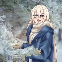 1girl blonde_hair blue_eyes blue_jacket blush facepaint fang henna_(hentaiukr) hentaiukr highres holding holding_leaf jacket korzynka_persykiv layered_clothes leaf light_smile looking_at_viewer open_mouth original outdoors scarf signature solo sweater ukrainian_flag watermark white_scarf white_sweater winter winter_clothes winter_gloves