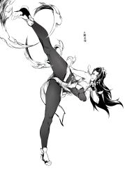 1girl absurdres feet high_kick highres kicking ling_luo_xi_yang long_hair luong monochrome parted_lips snk soles stirrup_legwear toeless_legwear toes