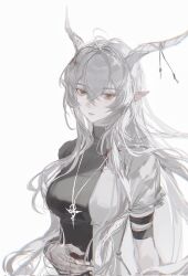 1girl ahoge alternate_costume arknights armband asymmetrical_dress blood breasts chunbuchou collared_dress dress expressionless greyscale hair_between_eyes highres horns injury jewelry large_breasts long_hair looking_at_viewer monochrome necklace parted_lips pointy_ears red_eyes shining_(arknights) short_sleeves sidelocks simple_background spot_color two-tone_dress very_long_hair