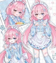 ! 1girl absurdres alternate_costume apron blue_archive blue_dress blue_eyes blush chii_(k_ung) chopsticks commentary dress enmaided food four-finger_heart_hands frilled_apron frilled_hairband frills hair_ornament hairband hands_up heart heart_hands heterochromia highres holding holding_chopsticks holding_plate hoshino_(blue_archive) long_hair long_sleeves looking_at_viewer maid maid_headdress multiple_views omelet omurice open_mouth pink_hair plate star_(symbol) very_long_hair whale_hair_ornament white_apron white_hairband yellow_eyes