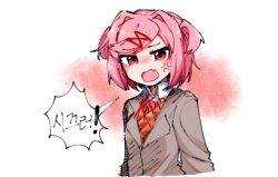 1girl anger_vein angry arms_at_sides blazer bob_cut breasts doki_doki_literature_club fang hair_intakes hair_ornament hairclip jacket korean_text natsuki_(doki_doki_literature_club) no_nose open_mouth pink_eyes pink_hair red_ribbon ribbon school_uniform small_breasts solo speech_bubble ting_mong upper_body white_background