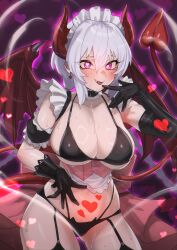 Rule 34 | 1girl, alternate costume, bikini, black gloves, breasts, demon girl, demon horns, demon tail, demon wings, elbow gloves, fang, gloves, grey hair, haishima xv, hand up, heart, highres, horns, large breasts, maid, maid headdress, pink eyes, senki zesshou symphogear, single elbow glove, solo, sweat, swimsuit, tail, wings, yukine chris