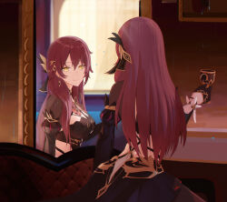 1girl absurdres animal_ears black_dress black_gloves breasts commentary_request cup dress eden_(honkai_impact) gloves highres holding holding_cup honkai_(series) honkai_impact_3rd indoors large_breasts long_hair looking_at_mirror mirror niao_fan reflection smile solo yellow_eyes