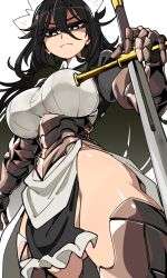 1girl absurdres armor black_eyes black_hair bongfill borrowed_character breasts closed_mouth executioner_maid_(centuriic) eyeshadow frown highres holding holding_sword holding_weapon large_breasts looking_at_viewer makeup original red_eyeshadow shiny_skin simple_background solo sword weapon white_background