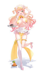 1girl absurdres alternate_costume apron beetle blonde_hair breast_curtains breasts bug carrot commentary_request floating_hair flower food-themed_hair_ornament frilled_thigh_strap frilled_thighhighs frills full_body gradient_hair green_eyes hair_between_eyes hair_bun hair_flower hair_ornament hand_up highres holding holding_tray hololive insect large_breasts long_hair looking_at_viewer maid maid_headdress miniskirt momosuzu_nene multicolored_hair one_eye_closed open_mouth peach_hair_ornament pink_hair pink_shoes pink_skirt see-through_clothes see-through_skirt shadow shoes side_up_bun simple_background single_thighhigh skirt smile solo standing standing_on_one_leg teeth thigh_strap thighhighs tray two-tone_hair two_side_up unconventional_maid upper_teeth_only v virtual_youtuber waist_apron white_apron white_background white_flower white_headdress white_thighhighs x_hair_ornament yellow_skirt yu_lei