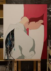 Rule 34 | 1girl, audio cable, canvas (medium), from behind, highres, long hair, momoe (mme daigaku), motherboard, nape, original, painting (medium), solo, traditional media, twintails, upper body, usb cable, white background