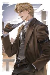 1boy ammunition_belt arm_belt belt blonde_hair brown_belt brown_gloves brown_jacket brown_pants brown_vest cheezeyoon3 cowboy_shot eyes_visible_through_hair gloves green_eyes gun hair_over_one_eye handgun highres holding holding_gun holding_weapon jacket looking_at_viewer male_focus nose open_mouth original pants parted_bangs profile revolver scar scar_on_neck shirt short_hair solo teeth unlit_cigarette_in_mouth vest weapon white_shirt