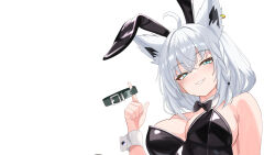 Rule 34 | 1girl, ahoge, alternate costume, animal ear fluff, animal ear piercing, animal ears, aqua eyes, bare shoulders, black bow, black bowtie, black leotard, bow, bowtie, braid, breasts, cleavage, collar, commentary request, couch, covered navel, crossed bangs, crossed legs, detached collar, double-parted bangs, extra ears, fake animal ears, fox ears, fox girl, fox tail, grin, hair between eyes, highleg, highleg leotard, highres, holding, holding collar, hololive, large breasts, leotard, long hair, looking at viewer, low ponytail, on couch, pentagram, playboy bunny, ponytail, rabbit ears, rijeka1918, shirakami fubuki, side-tie leotard, side braid, simple background, sitting, smile, solo, strapless, strapless leotard, tail, traditional bowtie, upper body, virtual youtuber, white background, white hair, white wrist cuffs, wrist cuffs