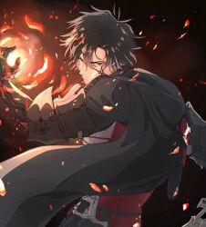 1boy black_cloak black_hair clawed_gauntlets clive_rosfield cloak embers facial_hair facial_mark fclo0811_ren99 final_fantasy final_fantasy_xvi fire hair_between_eyes highres hood hood_down hooded_cloak male_focus red_vest short_hair solo stubble upper_body vest