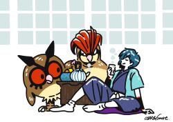 1boy ankle_socks beak belt bird blue_hair blue_hakama blue_haori blue_jacket bowl brown_feathers closed_eyes colored_sclera cup cushion eyelashes falkner_(pokemon) feathers food fruit fruit_bowl gen_1_pokemon gen_2_pokemon hair_over_one_eye hakama hakama_shorts haori highres holding holding_cup hoothoot jacket japanese_clothes male_focus multicolored_feathers nintendo no_shoes on_cushion on_floor open_clothes open_jacket osare_graffiti pidgeotto pokemon pokemon_(creature) pokemon_gsc red_feathers red_sclera shorts sitting smile socks steam tabi table teapot two-tone_feathers u_u v-shaped_eyebrows white_background white_belt white_socks
