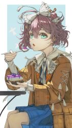 Rule 34 | 1girl, :o, absurdres, ahoge, blue background, blue eyes, blue skirt, blueberry, border, bow, brown coat, brown hair, cake, cape, coat, eating, feet out of frame, flutterpage, food, fruit, hair bow, highres, holding, holding cake, holding food, holding spoon, looking at viewer, open mouth, outside border, reverse:1999, short hair, sitting, skirt, solo, spoon, table, tongshan treeless, white border, white bow, white cape