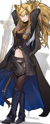 1girl animal_ears arknights arms_behind_head arms_up black_boots black_cape blonde_hair blush boots cape fake_horns full_body highres horned_headwear horned_tiara horns jewelry knee_boots lion_ears lion_girl lion_head_(ornament) lion_tail long_hair looking_at_viewer midriff mitsuoni_souda navel ponytail siege_(arknights) solo sword tail tiara twitter_username two-sided_cape two-sided_fabric tying_hair vina_victoria_(arknights) weapon yellow_eyes