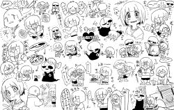 ... 2others 3boys absurdres androgynous angry animal animal_on_head arms_up asriel_dreemurr back bird bird_on_head blood blush_stickers bone candy chara_(undertale) character_name chibi chocolate chocolate_bar closed_eyes collared_sweater cookie copyright_name crying drooling eating english_text expressionless flowey_(undertale) food frisk_(undertale) furry furry_male ghost grin hands_in_pockets heart_pendant highres holding holding_knife injury jacket knife monochrome multiple_boys multiple_others multiple_views on_head open_clothes open_jacket open_mouth plant potted_plant sans_(undertale) shaded_face short_hair skeleton smile speech_bubble striped_clothes striped_sweater sweat sweater tadeno tears undertale upper_body w.d._gaster white_background