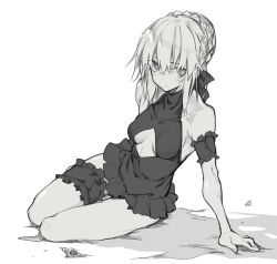 10mo 1girl arm_garter artoria_pendragon_alter_(swimsuit_rider)_(fate) artoria_pendragon_alter_(swimsuit_rider)_(first_ascension)_(fate) artoria_pendragon_(fate) bare_shoulders blush braid breasts center_opening collarbone dress_swimsuit fate/grand_order fate_(series) french_braid frilled_thigh_strap greyscale hair_bun hair_ribbon highres long_hair looking_at_viewer medium_breasts monochrome ribbon sidelocks single_hair_bun sitting solo thigh_strap thighs