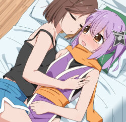 2girls black_camisole blue_shorts blush brown_eyes brown_hair camisole closed_eyes closed_mouth commentary_request cuddling dolphin_shorts from_above grabbing_another&#039;s_breast groping highres koga_konoha kusagakure_satoko lying miruzawa_akechi multiple_girls ninja ninja_to_koroshiya_no_futarigurashi on_back on_bed on_side one_side_up open_mouth orange_scarf pillow purple_hair scarf shorts sleeping yuri
