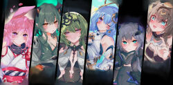 1boy 5girls ;) animal_ears bikini black_bikini black_bodysuit black_dress black_gloves blue_eyes blue_hair bodysuit breasts brown_hair cat_ears cat_girl cleavage commentary dress earrings floating_headgear fox_ears fox_girl fu_hua fu_hua_(shadow_knight) gloves green_eyes green_hair grey_hair griseo griseo_(cosmic_expression) headgear heterochromia highres honkai_(series) honkai_impact_3rd japanese_clothes jewelry kimono kosma large_breasts long_hair mirui mobius_(honkai_impact) multiple_girls one_eye_closed orange_eyes pardofelis pardofelis_(reverist_calico) pink_hair purple_eyes short_hair small_breasts smile swimsuit tiara white_kimono yae_sakura yae_sakura_(gyakushinn_miko)
