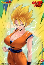 Rule 34 | 1girl, absurdres, blonde hair, breasts, cosplay, dragon ball, dragon ball super, dragonball z, earrings, genderswap, highres, jewelry, large breasts, presenting, sexually suggestive, son goku, super saiyan, super saiyan 1