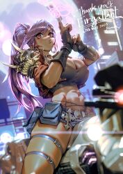 1girl crop_top fingerless_gloves gloves kionaoki motor_vehicle navel ponytail pouch purple_hair riding short_shorts shorts thigh_strap