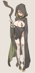 1girl black_choker blade_(galaxist) breasts choker cloak commentary_request green_bridal_gauntlets green_cloak green_eyes green_footwear green_hair green_hood highres holding holding_staff hood hood_up hooded_cloak large_breasts leaf_clothing light_brown_background long_sleeves looking_at_viewer mage_staff original pelvic_curtain revealing_clothes simple_background solo staff standing thighhighs thighs wide_sleeves
