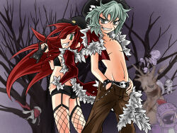 1boy 1girl animal bare_tree black_bra black_cat black_hat black_shorts bra butt_crack cat cigarette coat commentary_request cowboy_shot disguise_(ragnarok_online) dullahan_(ragnarok_online) fishnet_thighhighs fishnets fur-trimmed_coat fur-trimmed_shirt fur_trim ghost gibbet green_eyes green_hair grey_eyes grin hat hat_ornament heirozoist holding holding_animal holding_cat kamui_setsuna long_hair looking_at_viewer navel open_clothes open_coat ragnarok_online red_coat red_hair red_shirt rogue_(ragnarok_online) shirt short_hair short_shorts short_sleeves shorts skull_hat_ornament smile stuffed_animal stuffed_rabbit stuffed_toy thighhighs tree underwear v-shaped_eyebrows