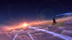 1girl above_clouds absurdres artist_name black_hair black_socks chinese_commentary cloud commentary_request diffraction_spikes dusk dutch_angle fantasy flying grey_sweater highres hkcutie horizon kneehighs lens_flare long_hair magic miniskirt night night_sky no_shoes original outdoors paper_airplane pleated_skirt scenery signature sitting skirt sky socks solo star_(sky) starry_sky straight_hair sun sun_halo sunset sweater wariza white_skirt wide_shot