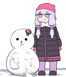 1girl beanie gloves hat highres jacket pink_hair purple_eyes rantana_(lalalalackluster) snow snowman solo voiceroid yuzuki_yukari