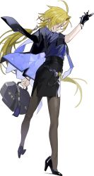 Rule 34 | 1girl, absurdres, bag, black dress, black gloves, black shoes, blonde hair, breasts, dress, from behind, full body, gloves, high heels, highres, holding, holding bag, hugo vlad, latex, latex gloves, lips, long hair, narrowed eyes, pantyhose, ponytail, purple eyes, shirt, shoes, simple background, solo, speakallpesky, standing, very long hair, white background, zenless zone zero