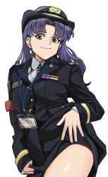 Rule 34 | 1girl, armband, black hat, black jacket, black skirt, breasts, closed mouth, collared shirt, commentary request, earrings, female service cap, hat, highres, id card, jacket, jewelry, katsuragi misato, lanyard, long hair, long sleeves, looking at viewer, military dress uniform, military uniform, neon genesis evangelion, purple hair, red armband, ribbon bar, shirt, simple background, skirt, sleeves past wrists, smile, solo, thighs, wani (perfect han), white background, white shirt