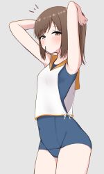Rule 34 | 1girl, absurdres, blue one-piece swimsuit, brown eyes, brown hair, covered navel, cowboy shot, grey background, highres, holding, holding own hair, i-401 (kancolle), kantai collection, medium hair, one-piece swimsuit, orange sailor collar, ponytail, sailor collar, school swimsuit, short ponytail, side-tie shirt, solo, standing, swimsuit, swimsuit under clothes, tiemu (man190)